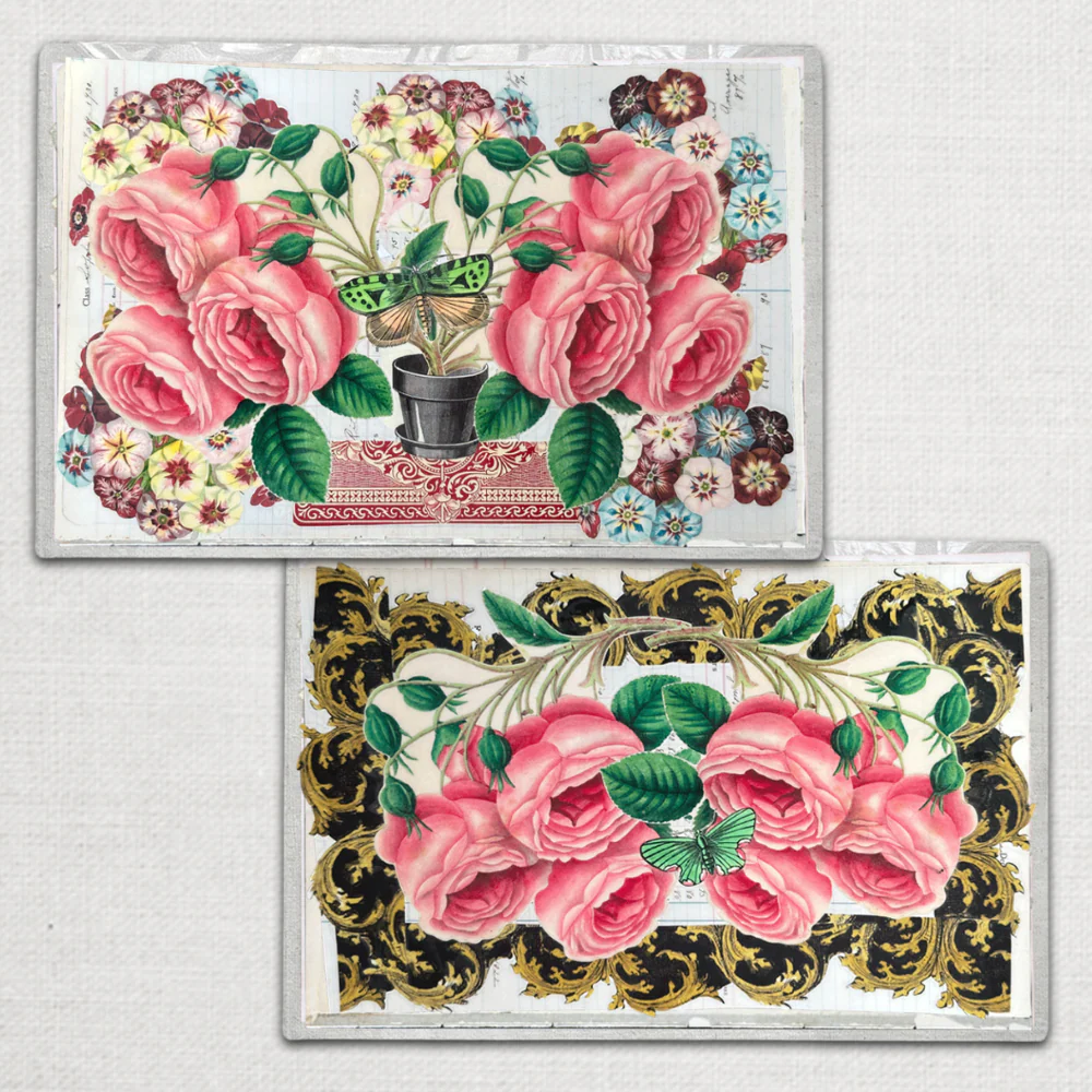 One of a Kind Collaged Rose Cascade Mat Pair
