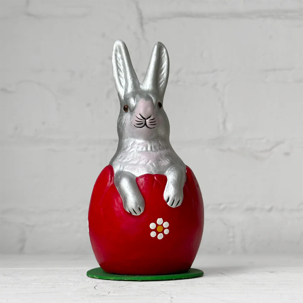 Ino Schaller Papier-Mâché Silver Bunny in Red Egg with Flowers