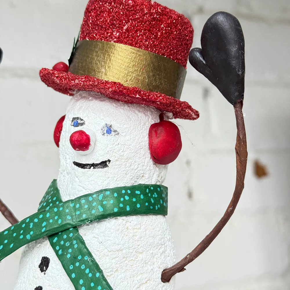 Papier-Mâché Snowman with Polka Dot Scarf and Red Hat - Image 4