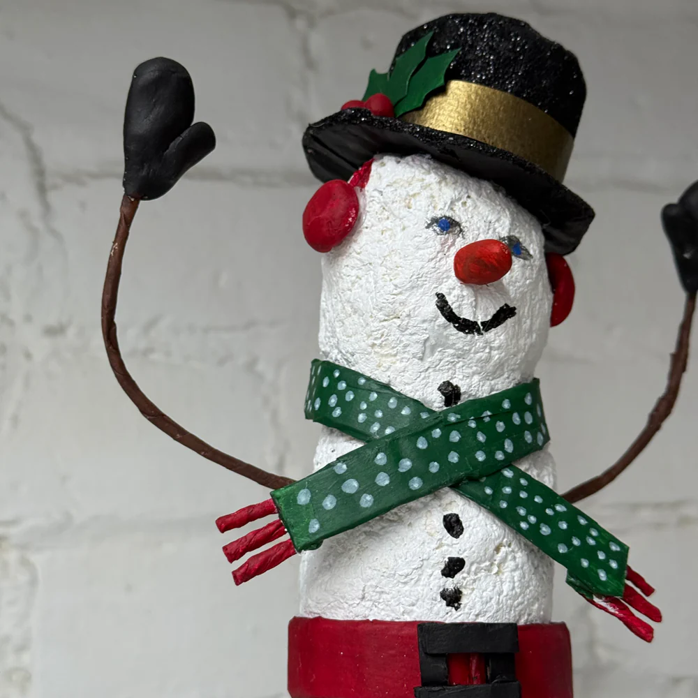 Papier-Mâché Snowman with Polka Dot Scarf and Black Hat - Image 2