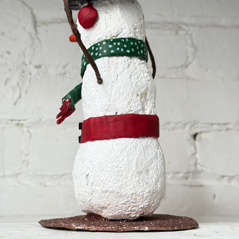 Papier-Mâché Snowman with Polka Dot Scarf and Black Hat - Image 3