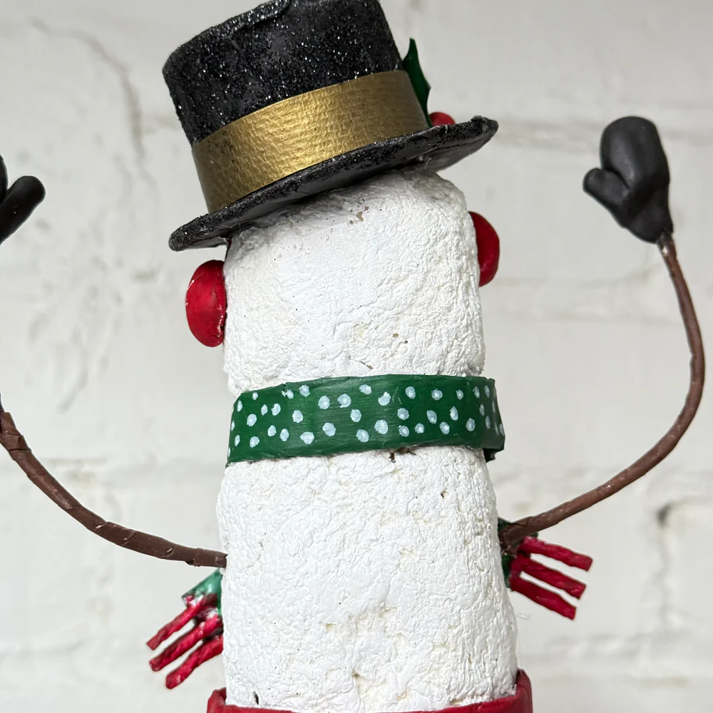 Papier-Mâché Snowman with Polka Dot Scarf and Black Hat - Image 4