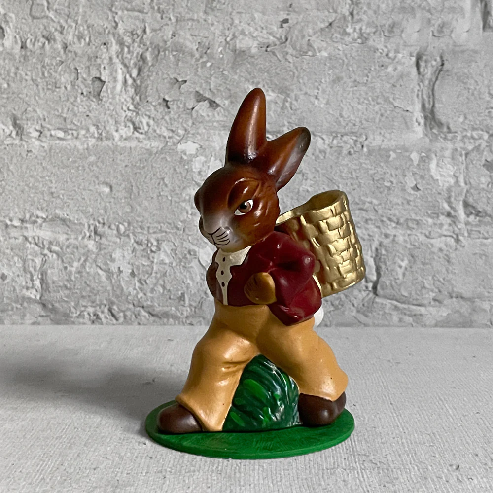Papier Mâché Walking Bunny with Gold Basket and Red Jacket
