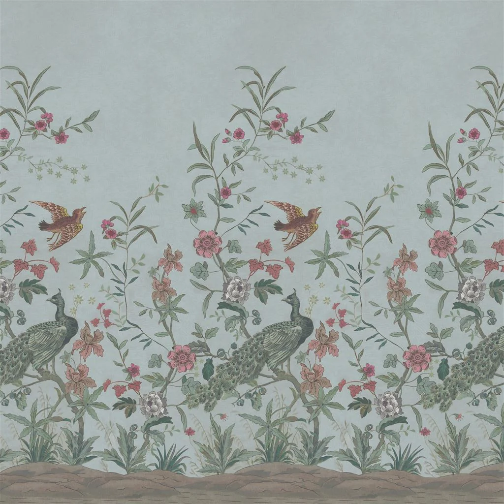 Peacock Toile Scene 1 Sky Blue