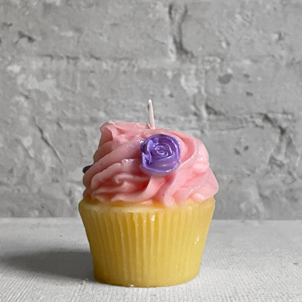 Pink Frosting with Light Purple Flowers Cupcake Candle