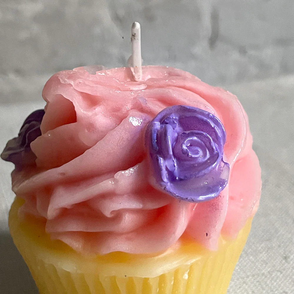 Pink Frosting with Light Purple Flowers Cupcake Candle - Image 2