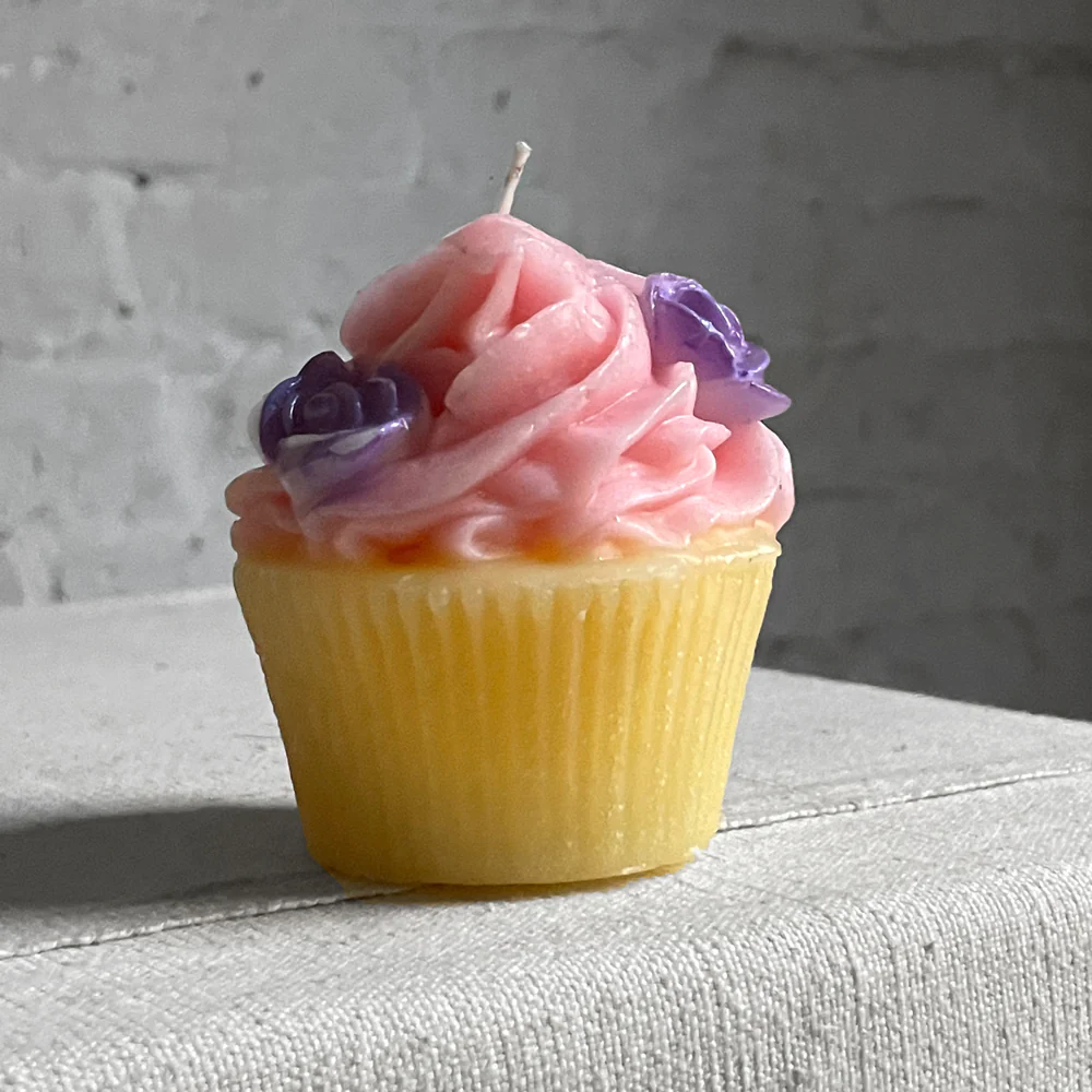 Pink Frosting with Light Purple Flowers Cupcake Candle - Image 3