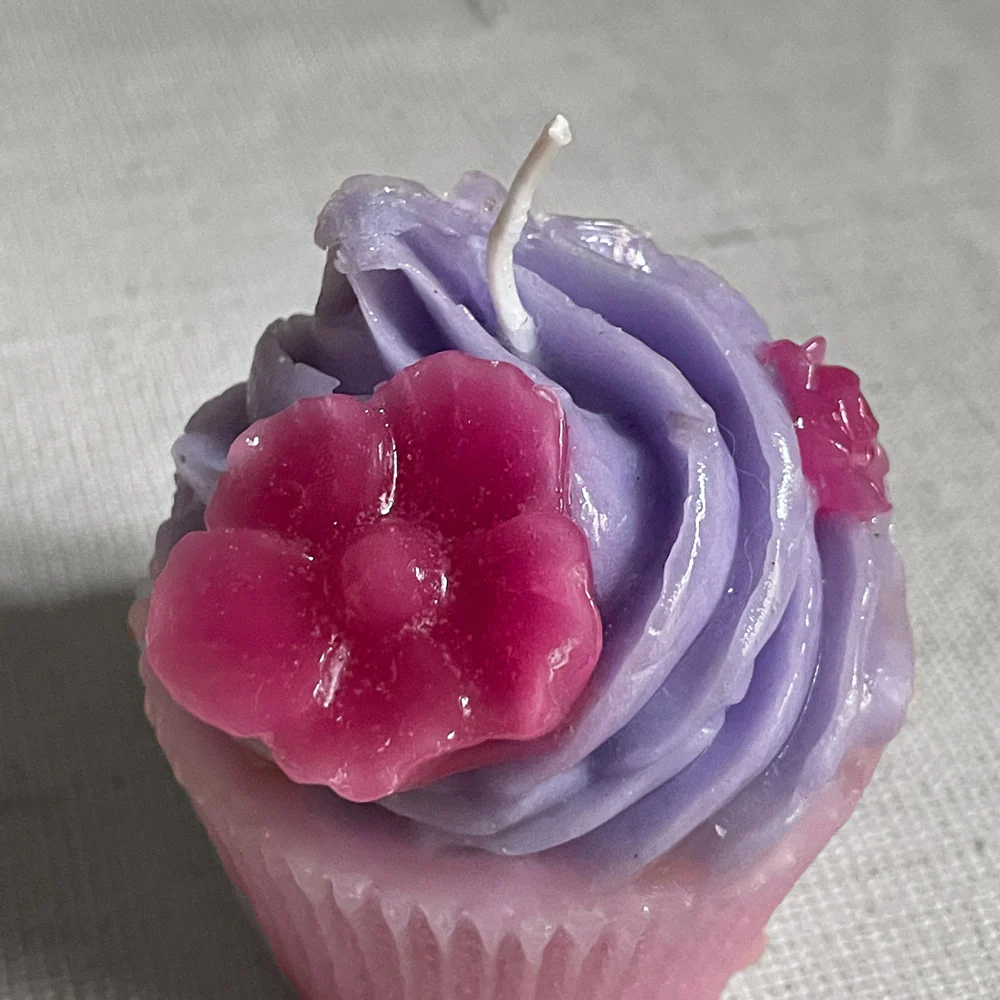 Purple Frosting with Flowers Cupcake Candle - Image 2
