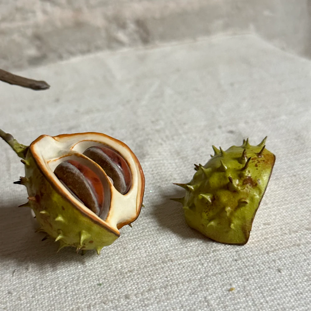 Porcelain Baby Horsechestnut Half Shell with Two Removable Nuts & Lid on Twig - Image 2