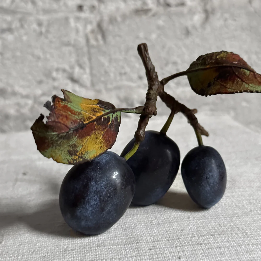 Porcelain Triple Damson with Two Leaves on Twig - Image 2