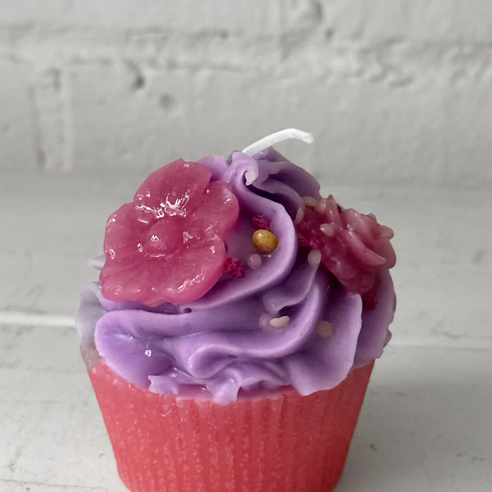 Purple Frosting with Light Purple Flowers Cupcake Candle - Image 3