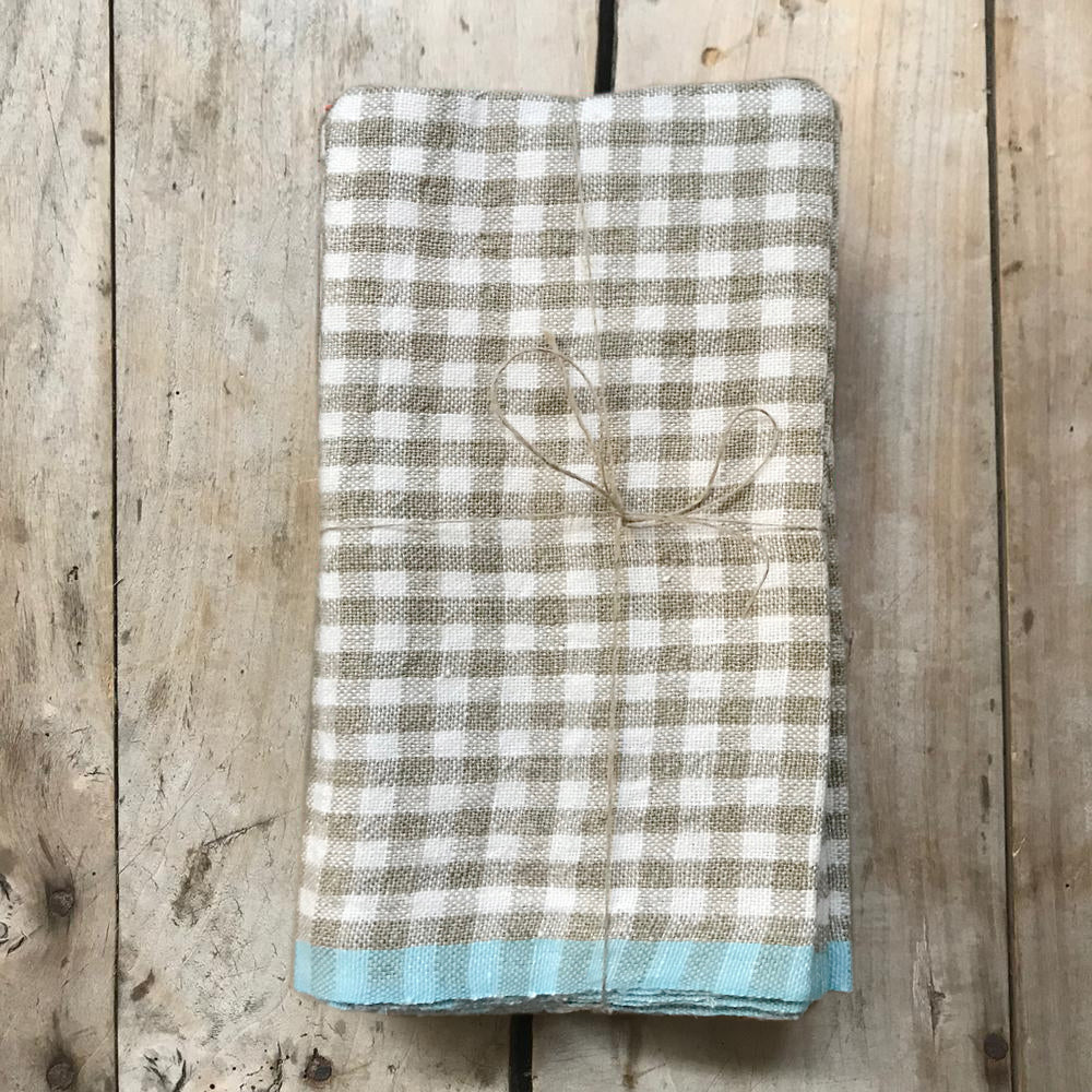 Set of 4 Gingham Napkins in Natural & Aqua