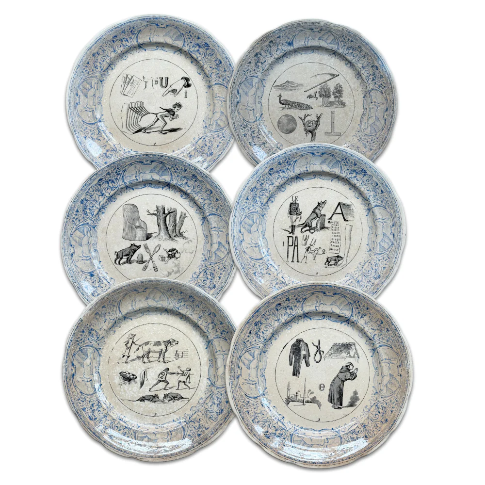 Set of 6 19th‑century French Sarreguemines Talking Plates