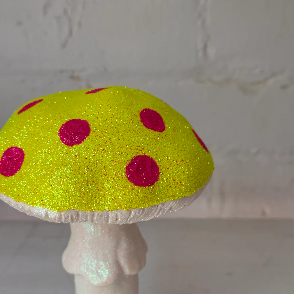 Single Glitter Mushroom in Neon Yellow with Pink Dots - Image 2