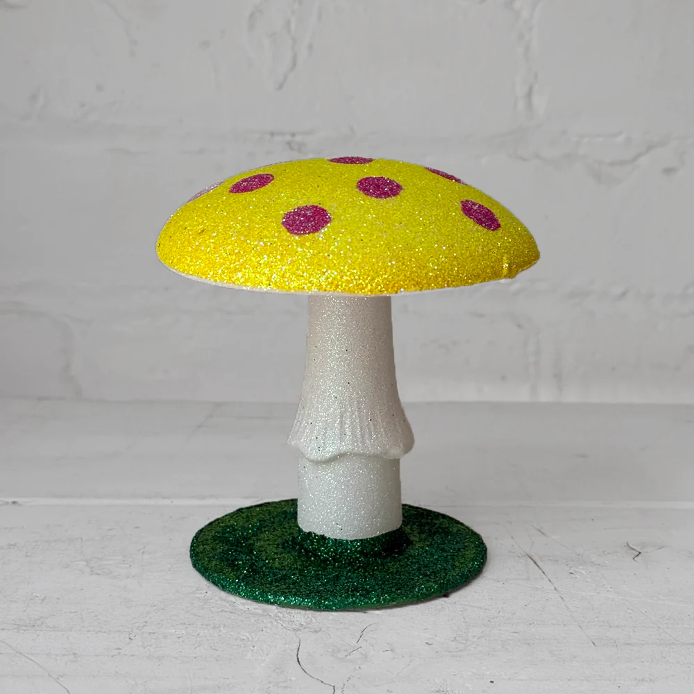 Small Glitter Mushroom in Yellow with Pink Dots