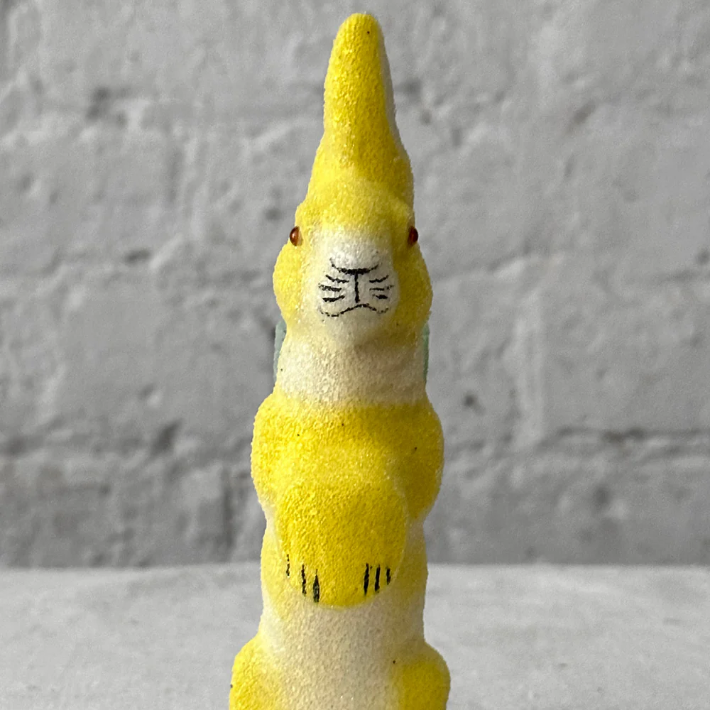Small Papier-Mâché Beaded Yellow Bunny with Green Basket - Image 2