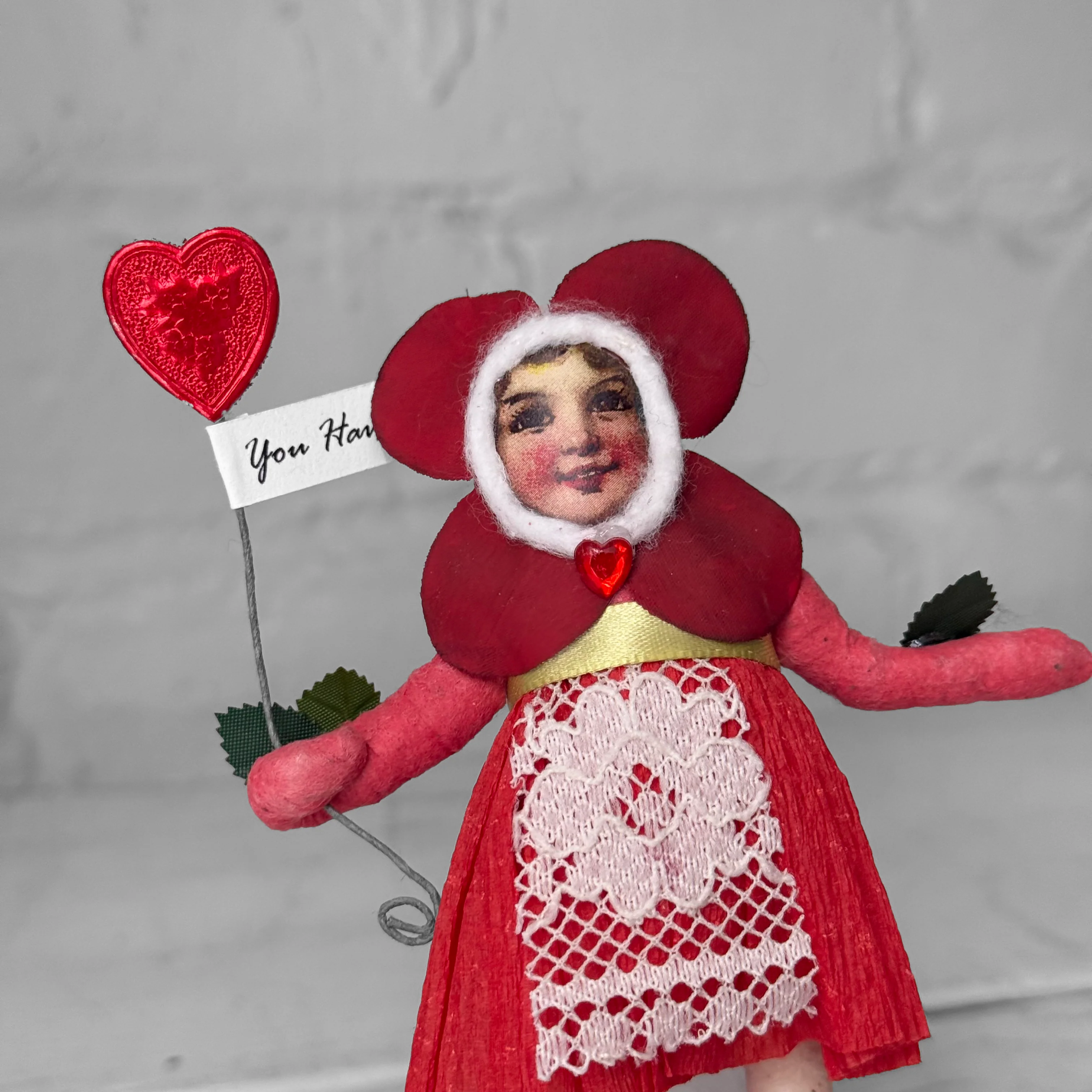 Spun Cotton Valentine's Day Flower Girl Figure on Felted Rose #3 - Image 4