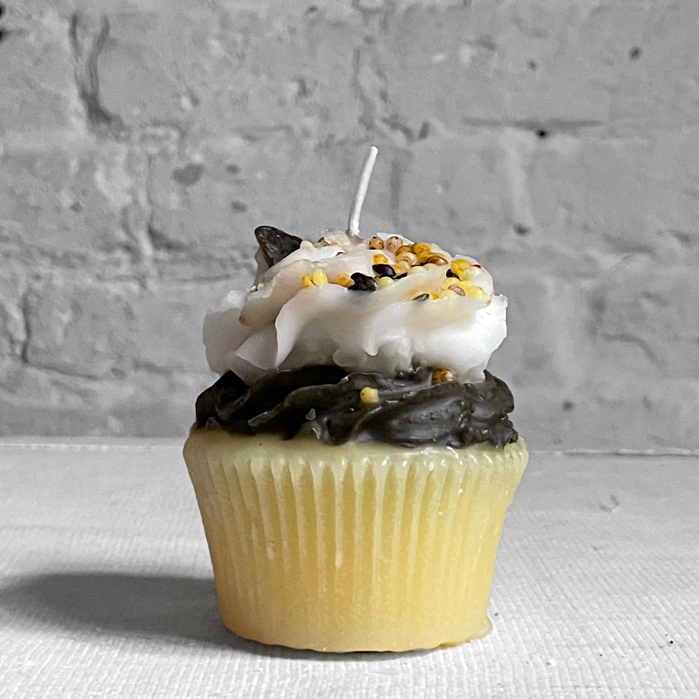 Vanilla and Chocolate Frosted Cupcake Candle with Maple Leaf Topping