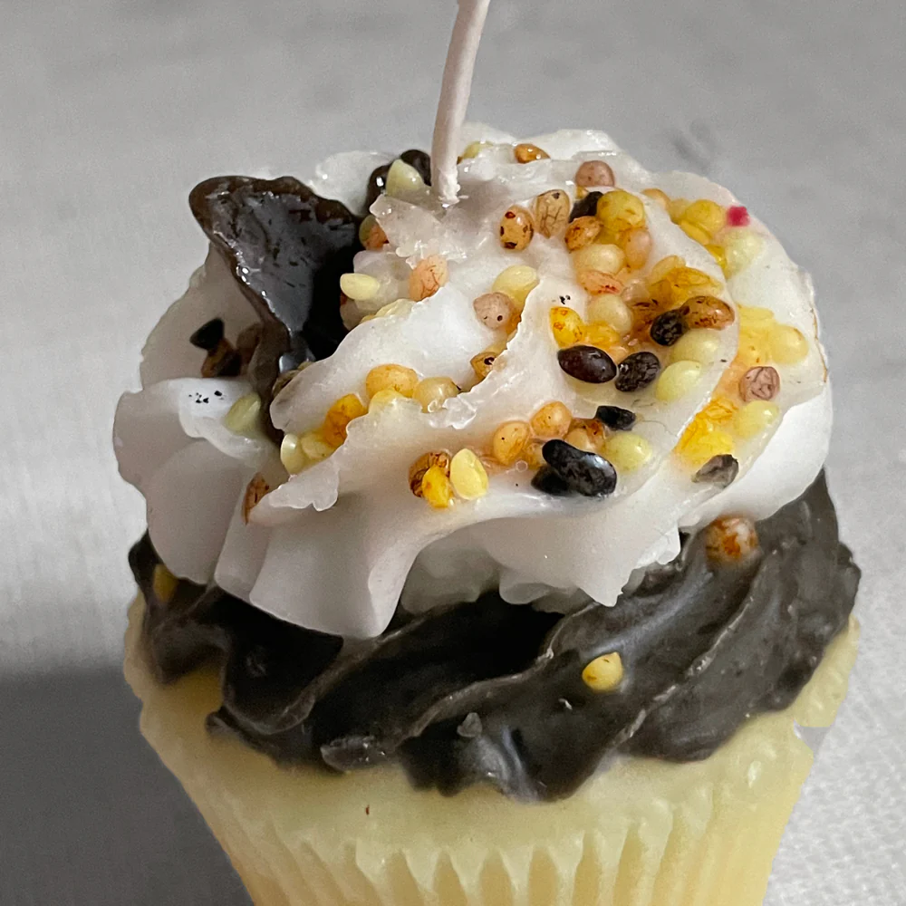 Vanilla and Chocolate Frosted Cupcake Candle with Maple Leaf Topping - Image 2